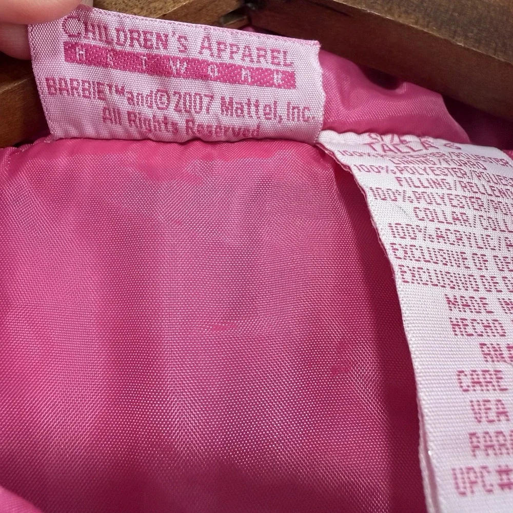 Y2K 2007 Barbie Puffer Vest Embroidered Logo Pink Faux Fur Lined Hood Sz 6 Girls